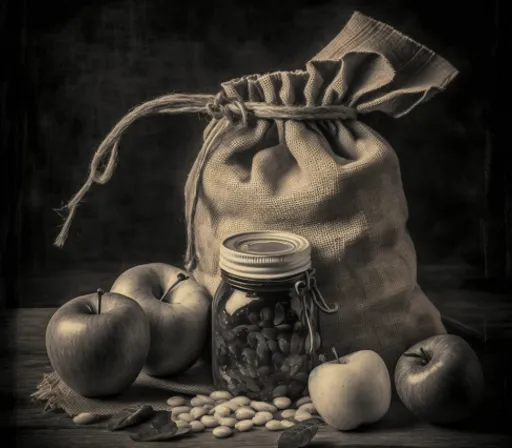 a bag of beans, apples, nuts, and beans on a table