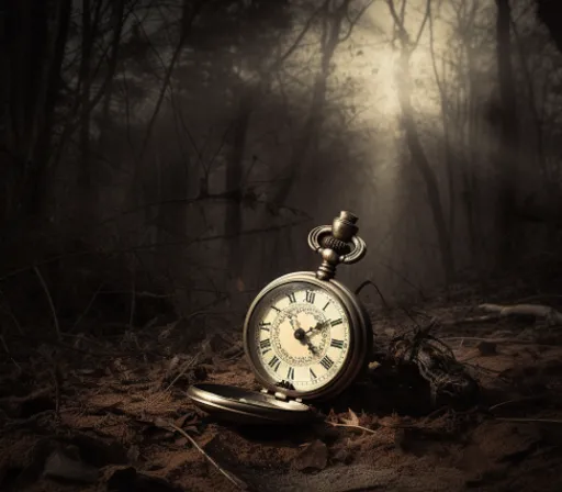 an old pocket watch sitting on the ground in the woods