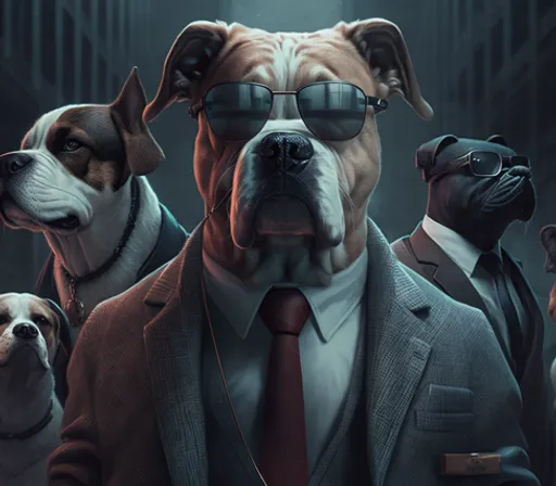 a group of dogs wearing suits and sunglasses