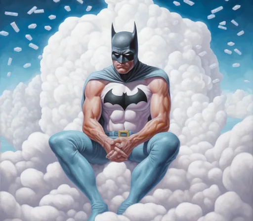 a painting of a batman sitting on a cloud