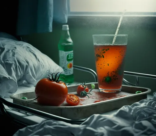 a tray with tomatoes and a drink on it