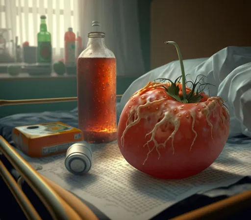 a tomato sitting on top of a table next to a bottle of liquid