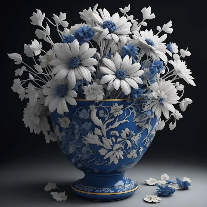 a blue and white vase filled with lots of white flowers