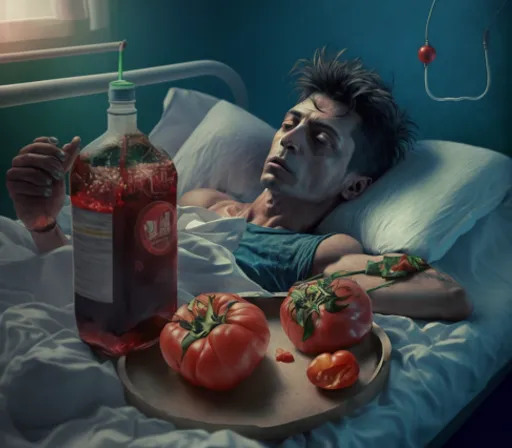 a man laying in bed with a tray of tomatoes and a bottle of tomato juice