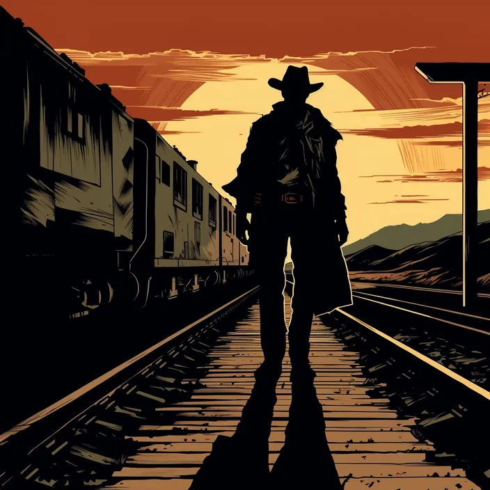 a silhouette of a man with a cowboy hat and a train in the background