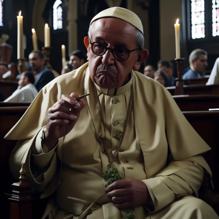 a man sitting in a church with a cigarette in his mouth