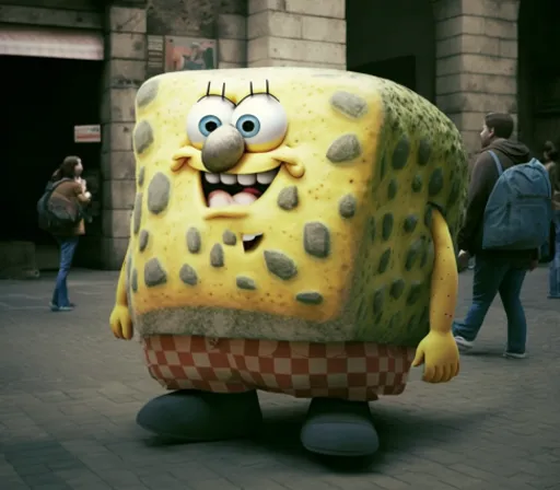 a spongebob character standing on a city street