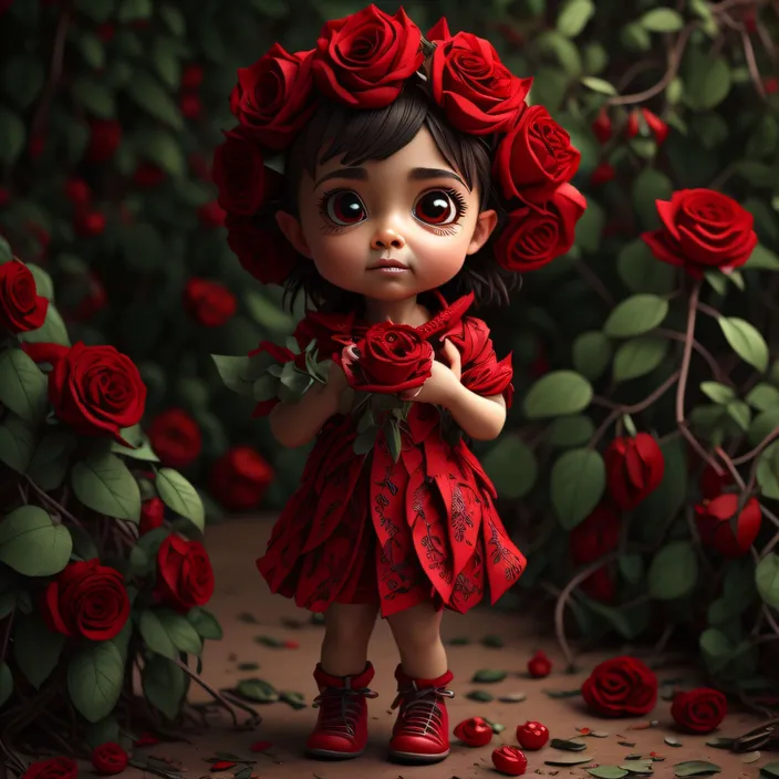 a little girl in a red dress holding a rose