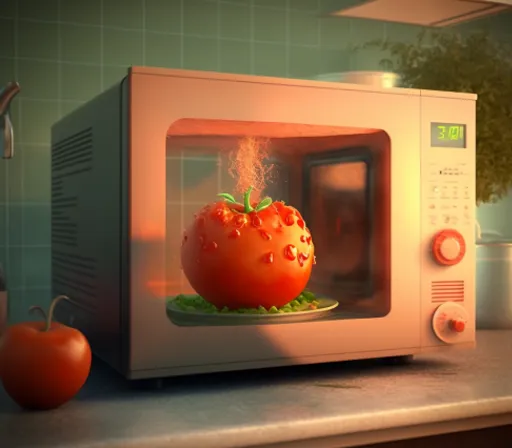 a microwave with a tomato inside of it