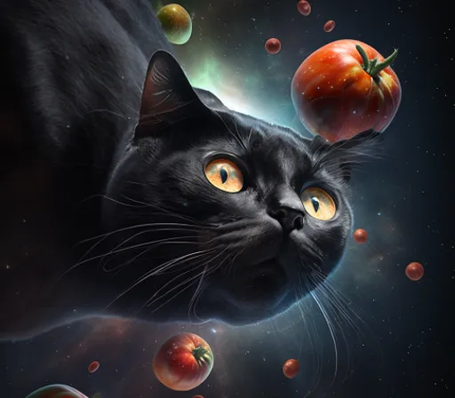 a painting of a black cat surrounded by planets