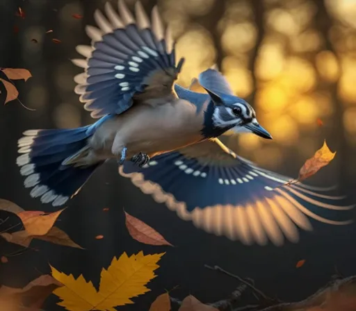 a blue jay flying through a forest filled with leaves