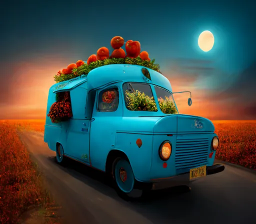 a blue truck with a bunch of vegetables on top of it