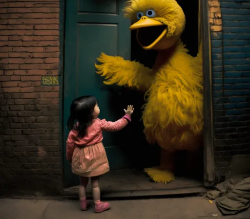 a little girl standing next to a big bird