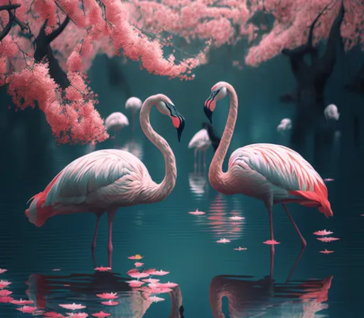 two flamingos are standing in the water surrounded by pink flowers