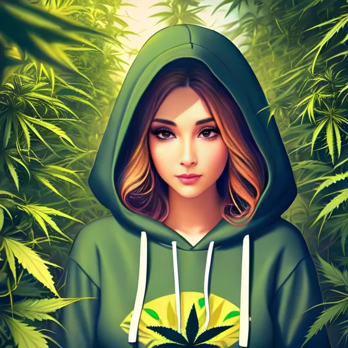 a woman in a green hoodie with a marijuana leaf on her chest