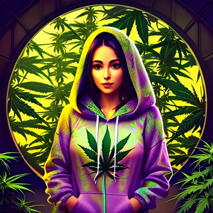 a woman wearing a hoodie with a marijuana leaf on it