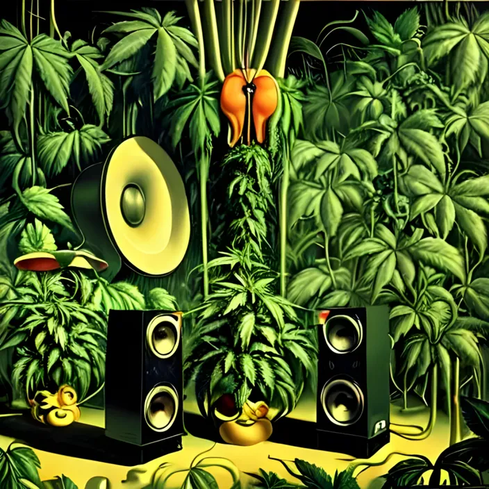 a painting of a jungle with plants and speakers