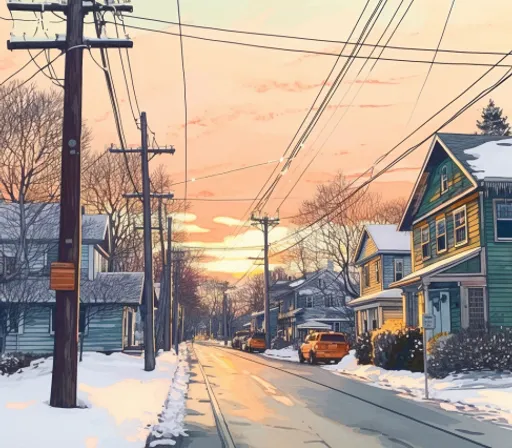 sky, snow, building, cloud, light, infrastructure, road surface, overhead power line, branch, electricity