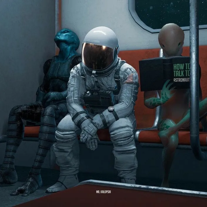 a man in a space suit sitting on a bench