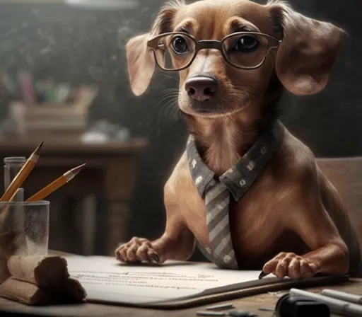 a dog wearing glasses and a tie sitting at a desk