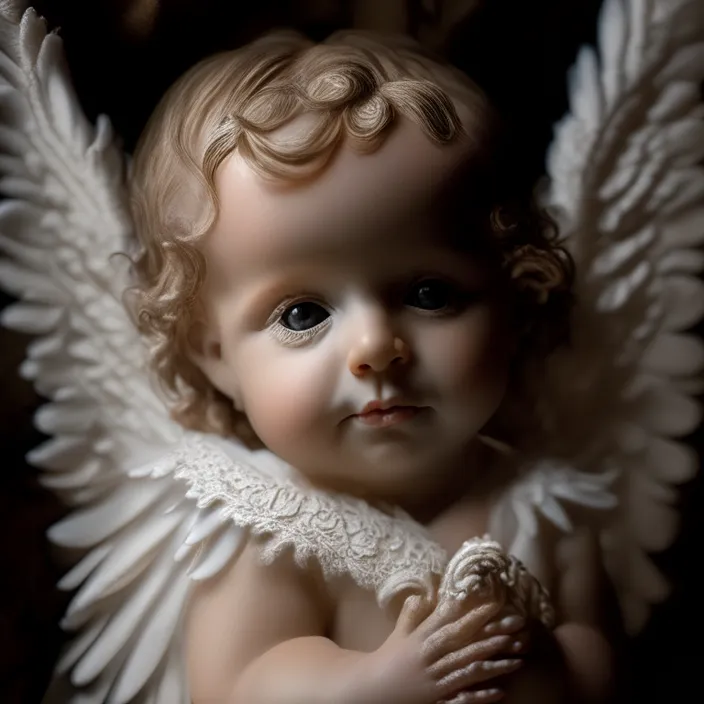 a close up of a baby with angel wings