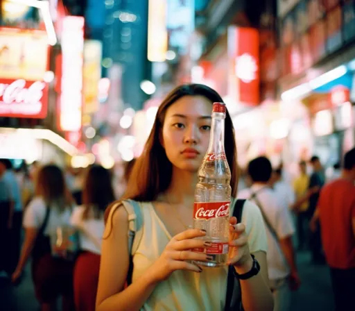 a woman standing on a street holding a coca cola bottle