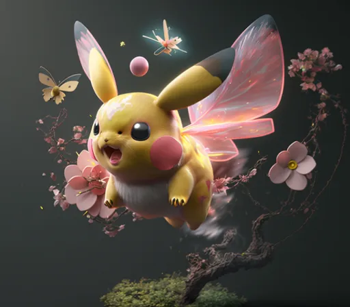 a pikachu flying through the air next to a tree