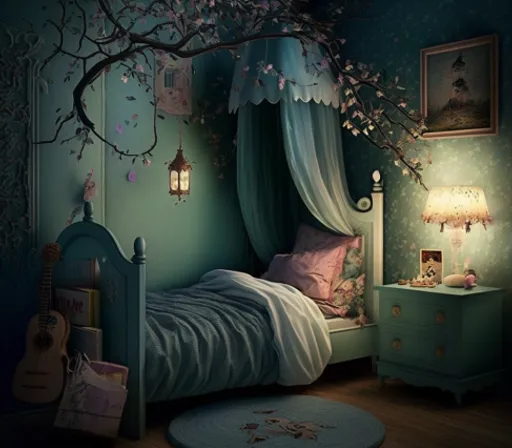 a bedroom with a bed and a tree in the corner