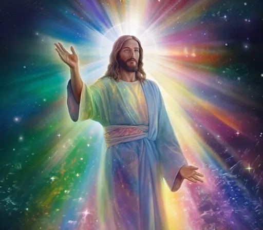 a painting of jesus with his hands in the air