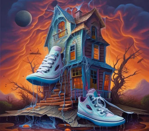 a painting of a house with a pair of shoes in front of it