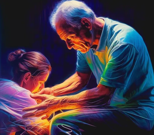 a painting of an elderly man and a young girl