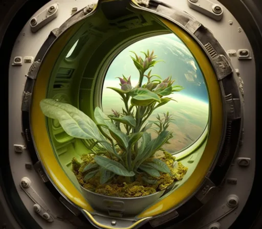 a potted plant inside of a space station window