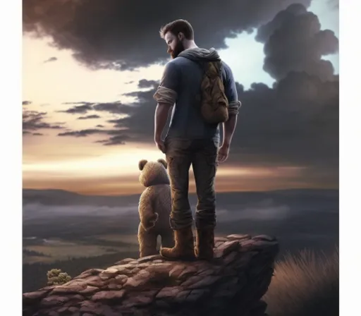 a man standing on top of a cliff next to a teddy bear