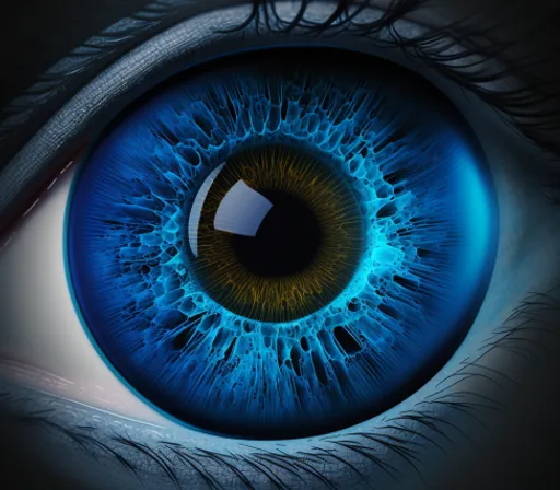 a close up of an eye with a blue iris