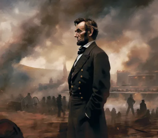 a painting of abraham lincoln standing in front of a fire