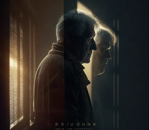 a movie poster with two men looking out of a window