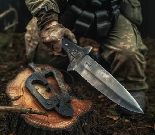 a man in camouflage holding a knife over a piece of wood