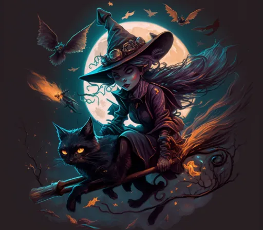 a witch riding a black cat on a broom