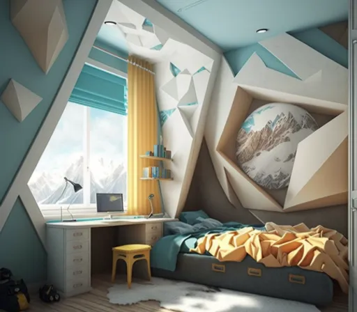 a bedroom with a bed, desk, and window