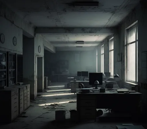 a dark room with lots of windows and desks