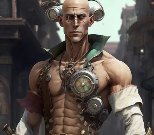 a man in steam punk clothing with a clock on his chest