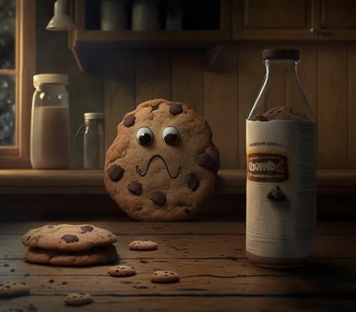 a chocolate chip cookie next to a bottle of milk