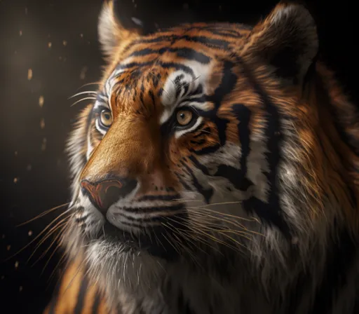 a close up of a tiger's face on a dark background