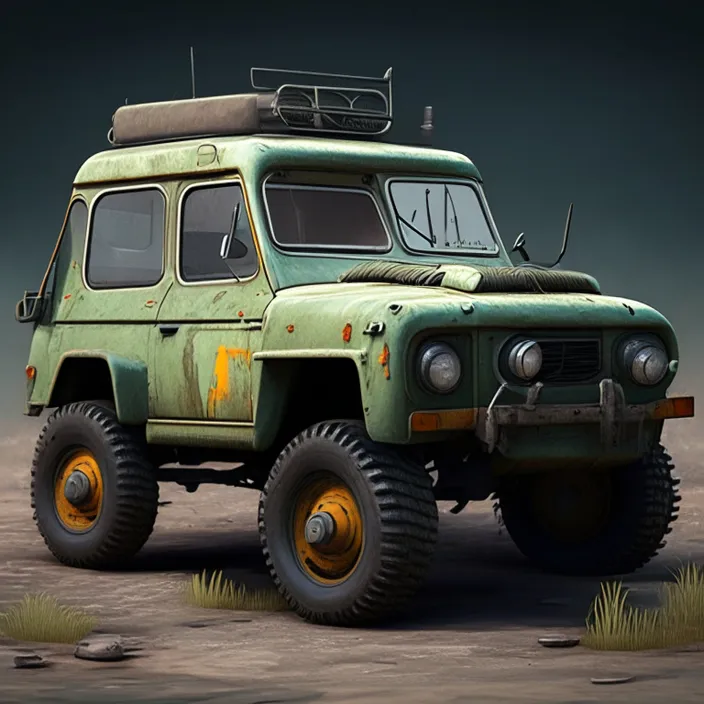 a green truck parked on top of a dirt field