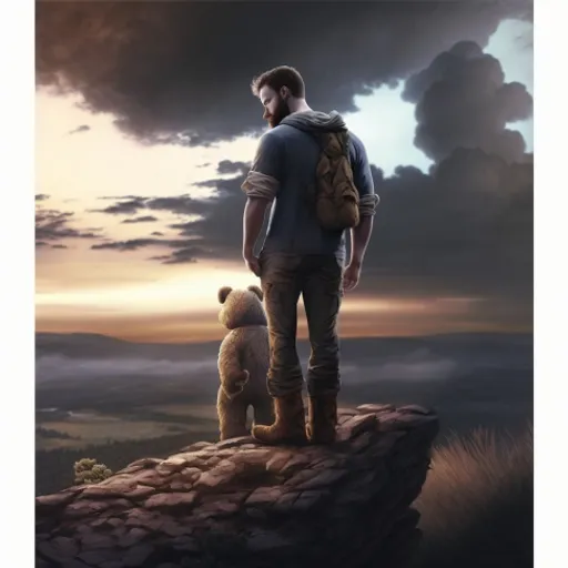 a man standing on top of a cliff next to a teddy bear