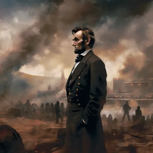 a painting of abraham lincoln standing in front of a fire