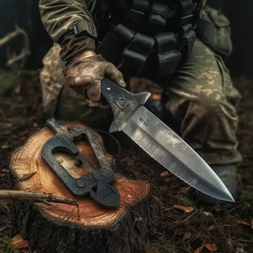 a man in camouflage holding a knife over a piece of wood