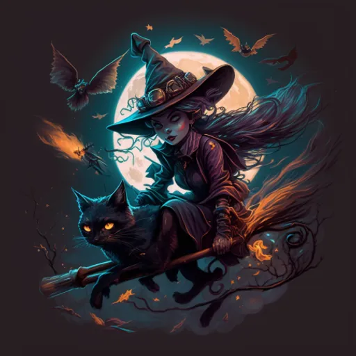 a witch riding a black cat on a broom