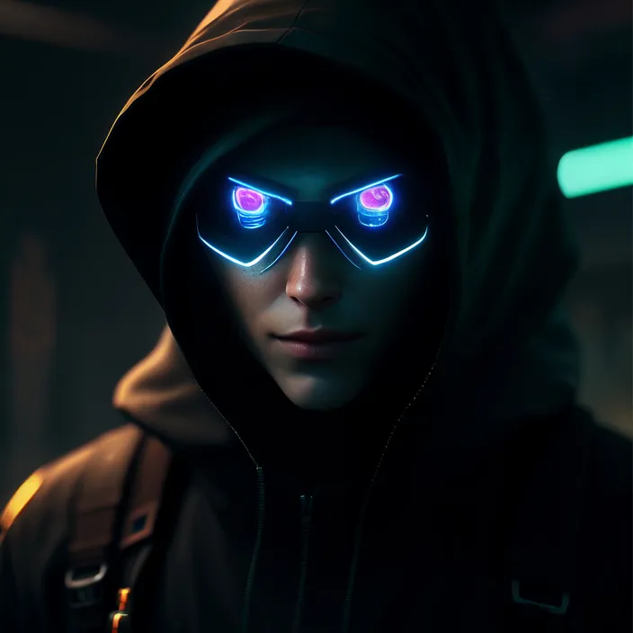 a man in a hooded jacket with glowing eyes