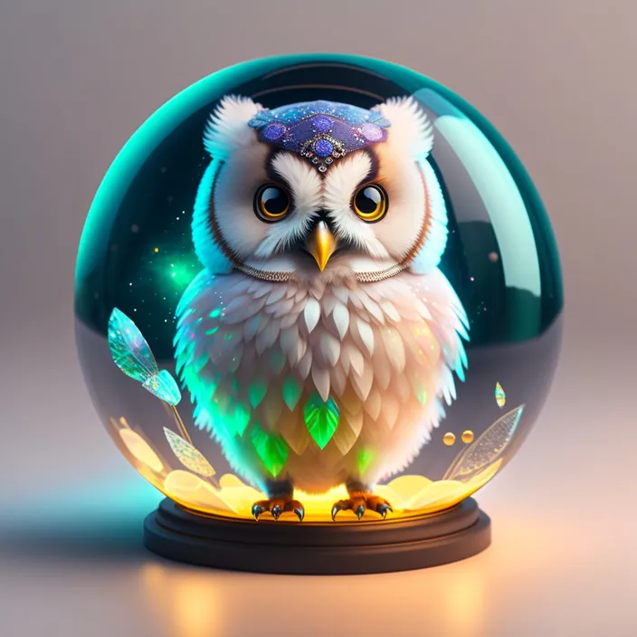 an owl sitting inside of a glass ball